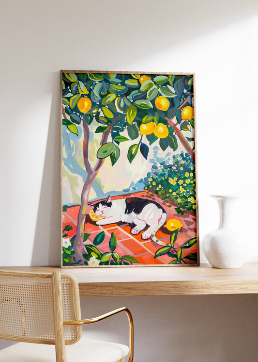 Cat Sleeping Under The Lemon Tree Poster