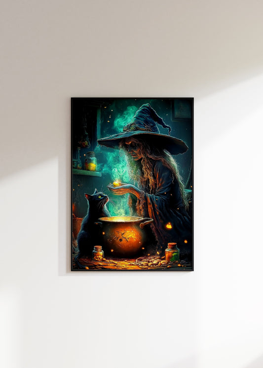 Halloween Witch And Black Cat Poster