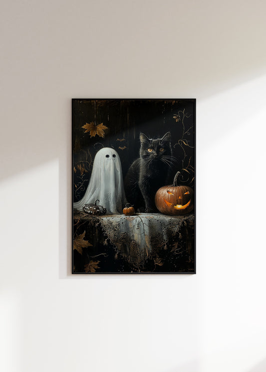 Halloween Ghost, Black Cat And Pumpkin Poster