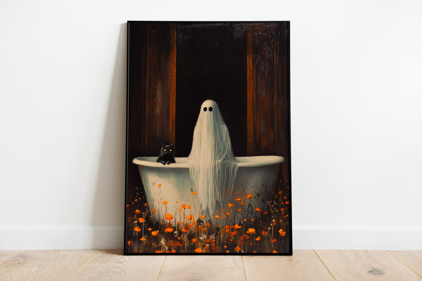 Ghost And a Black Cat Taking Bath in Wildflowers