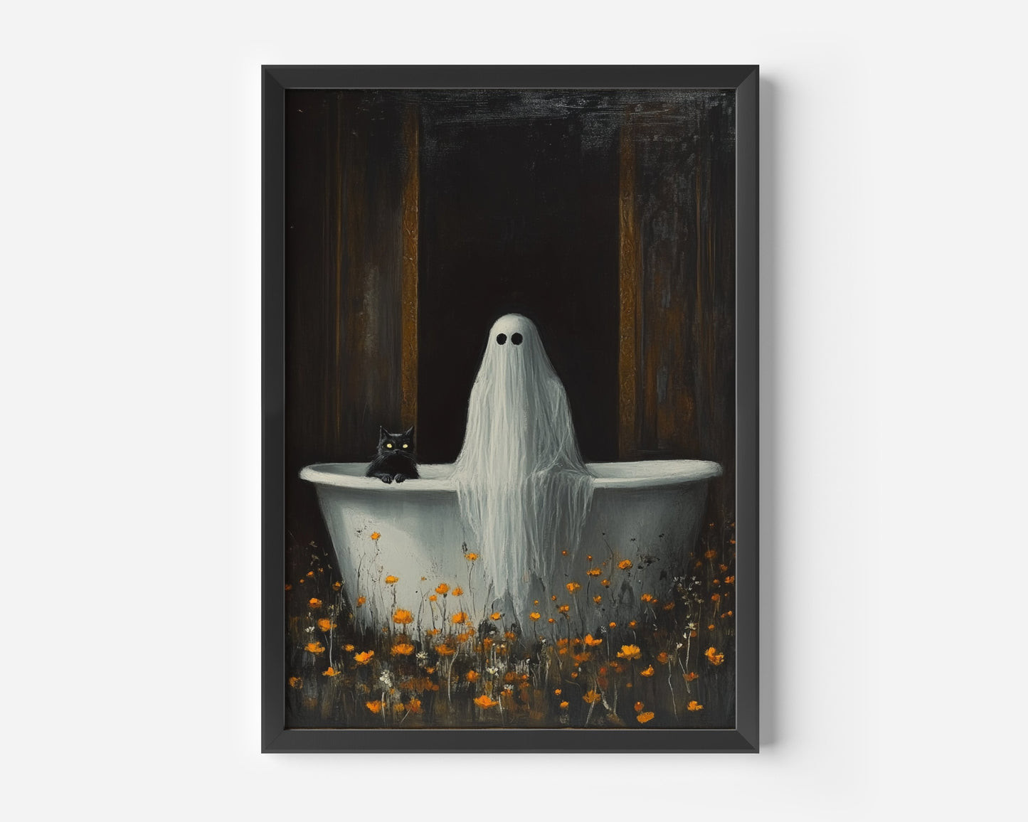 Ghost And a Black Cat Taking Bath in Wildflowers