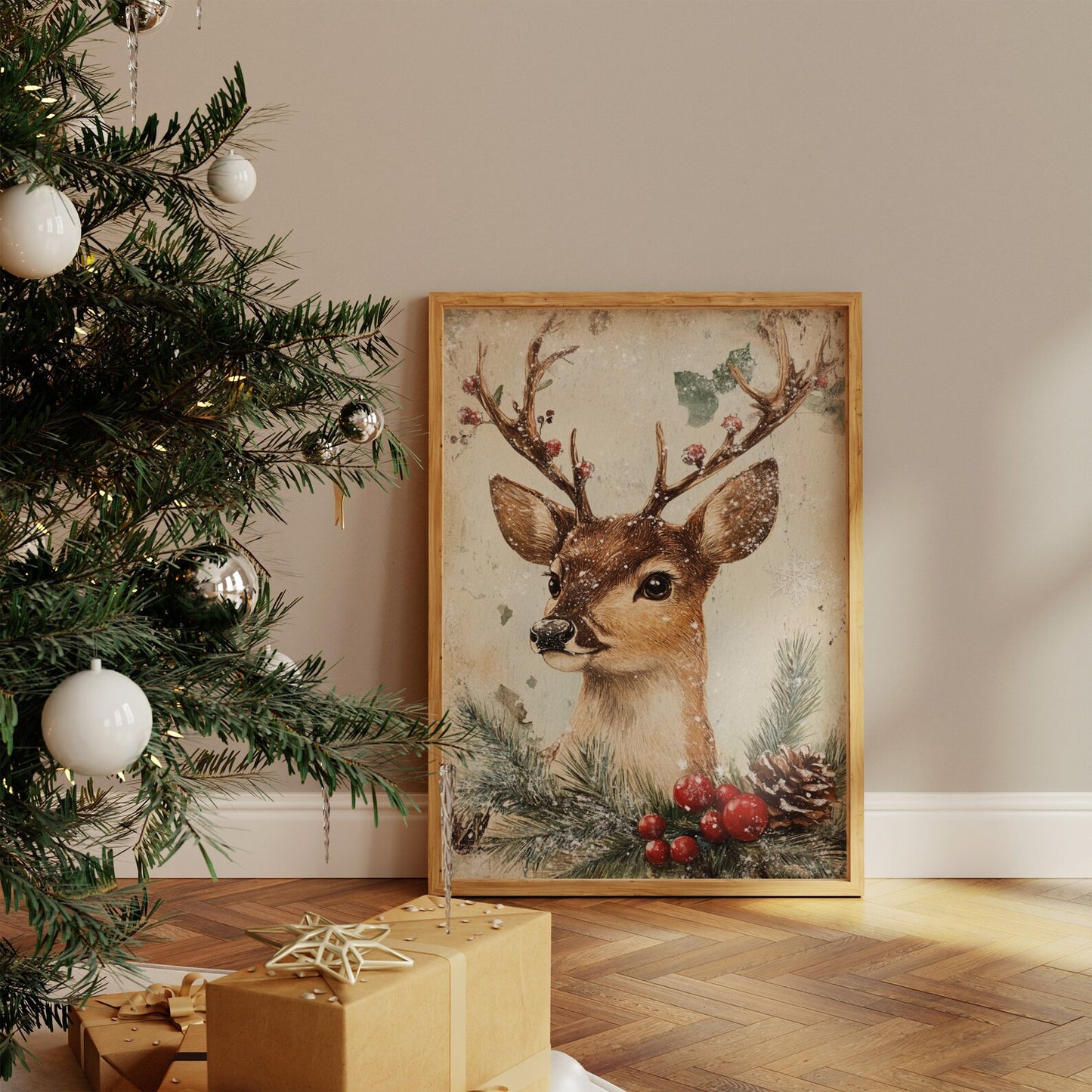 Vintage Christmas Deer Print