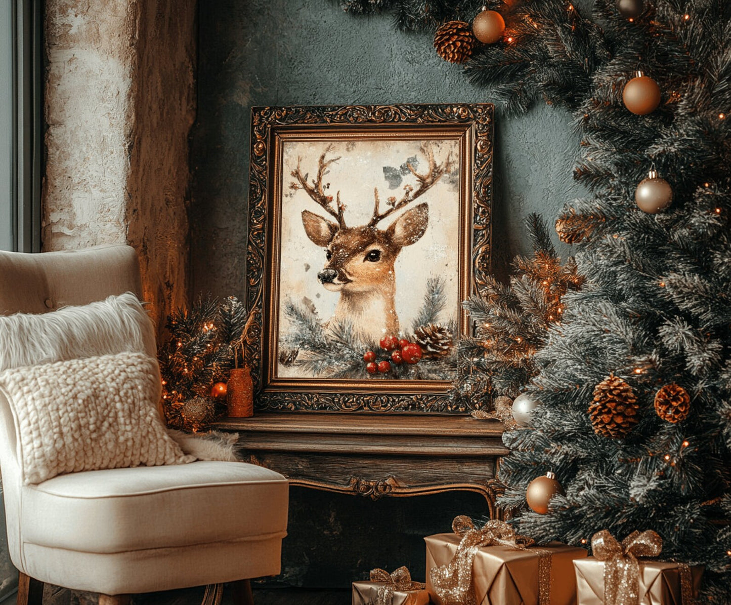 Vintage Christmas Deer Print