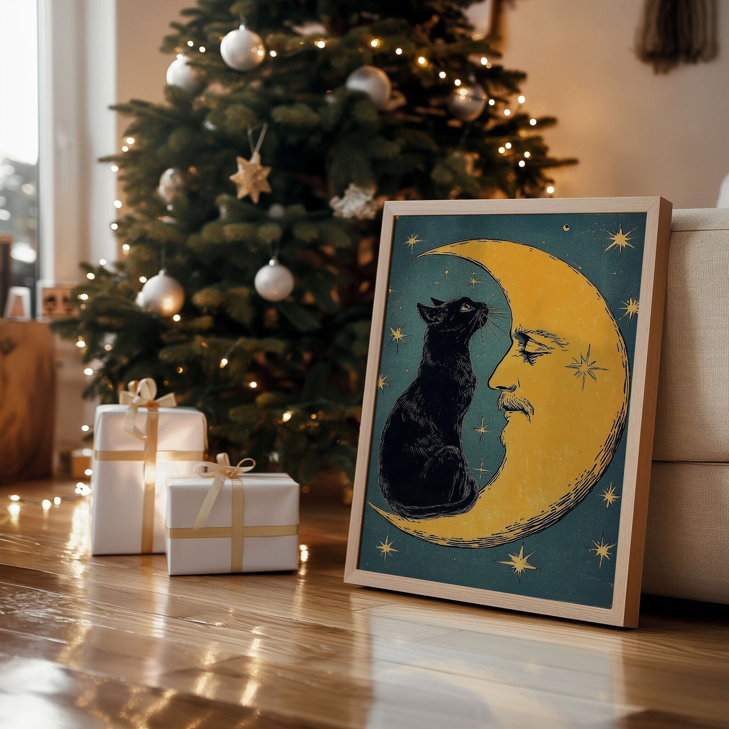 Christmas Version The “familiar spirit” Funny Cat And Moon Vintage Poster