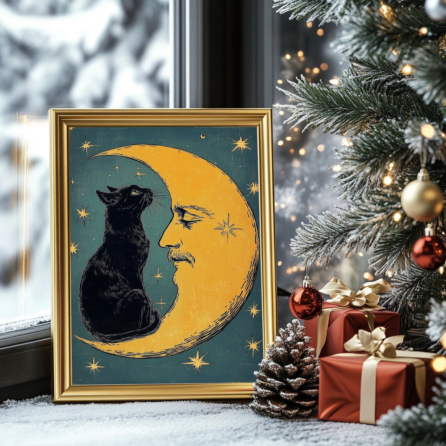 Christmas Version The “familiar spirit” Funny Cat And Moon Vintage Poster