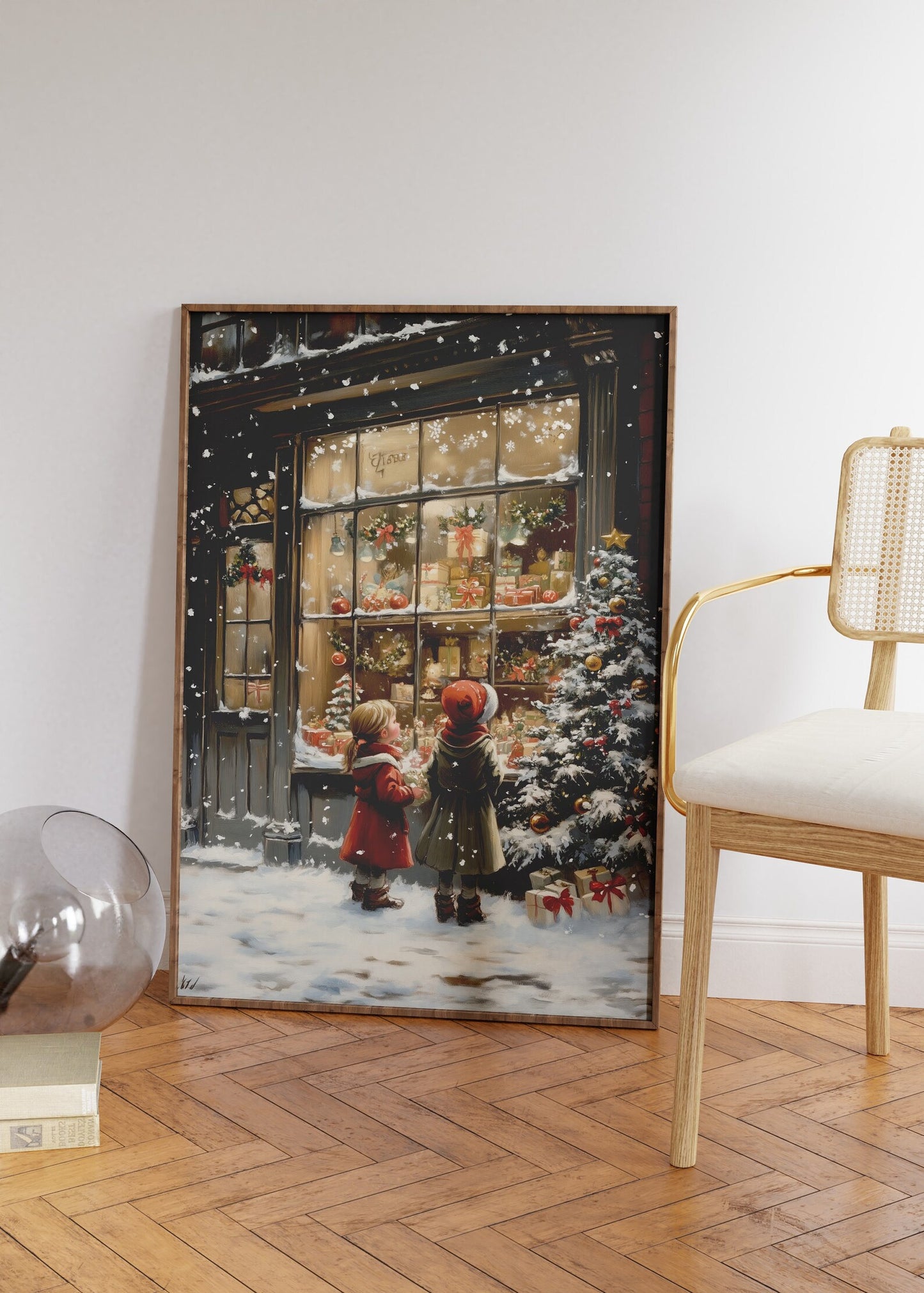 Two Children Look at Christmas Gift Shop Poster