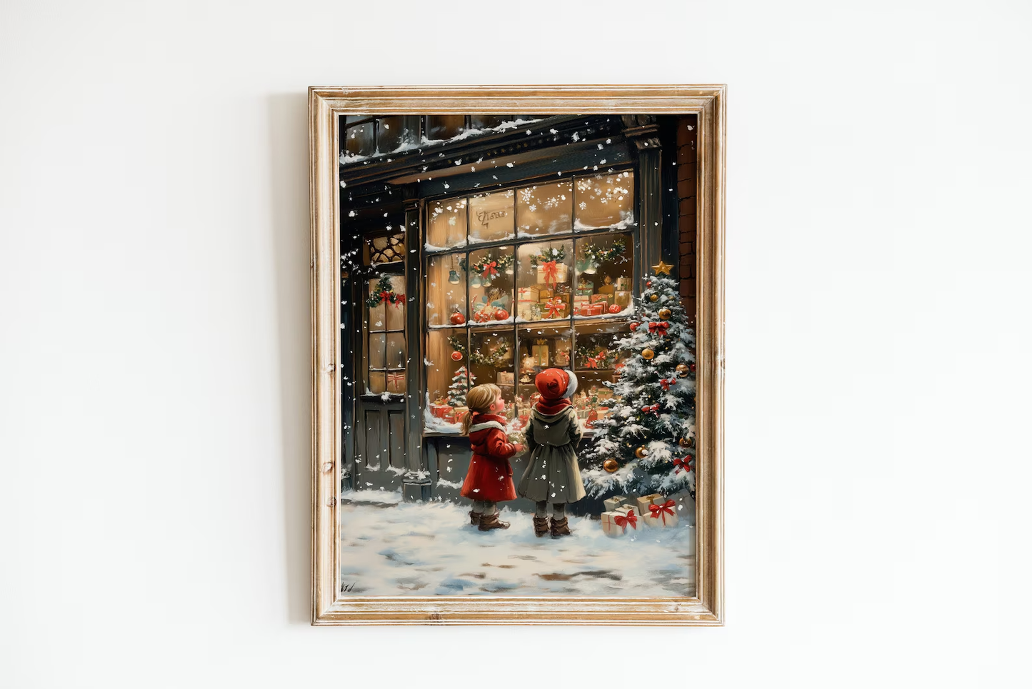 Two Children Look at Christmas Gift Shop Poster