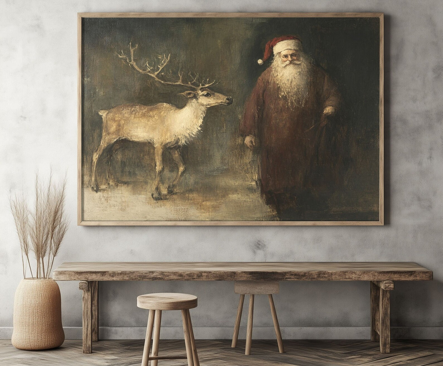 Vintage Santa Claus and Reindeer Print