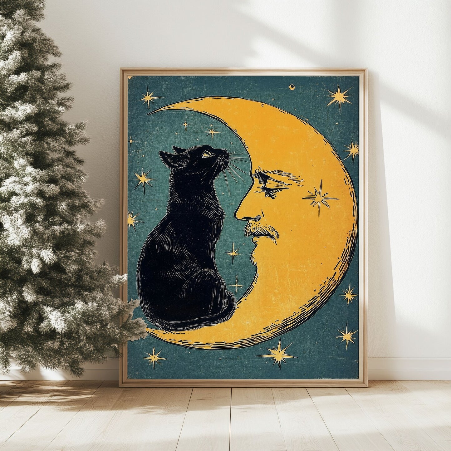 Christmas Version The “familiar spirit” Funny Cat And Moon Vintage Poster