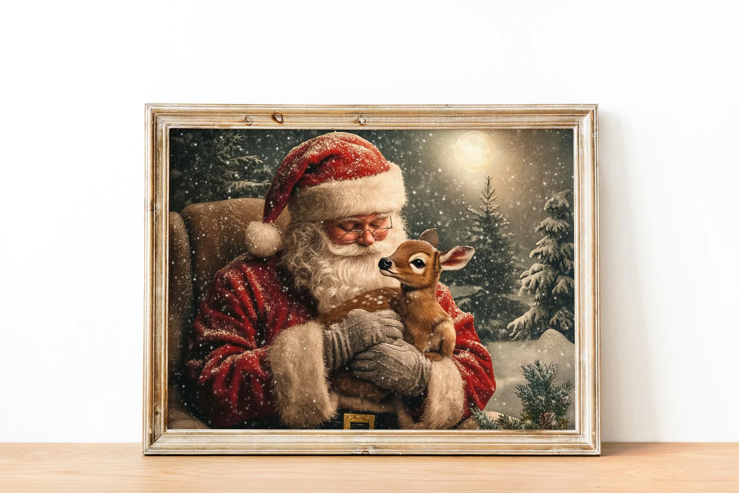 Vintage Santa Claus And Reindeer Print