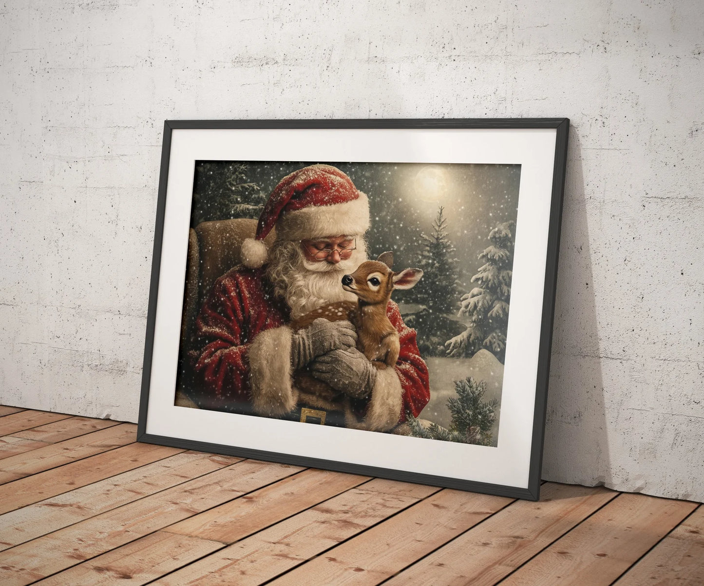 Vintage Santa Claus And Reindeer Print