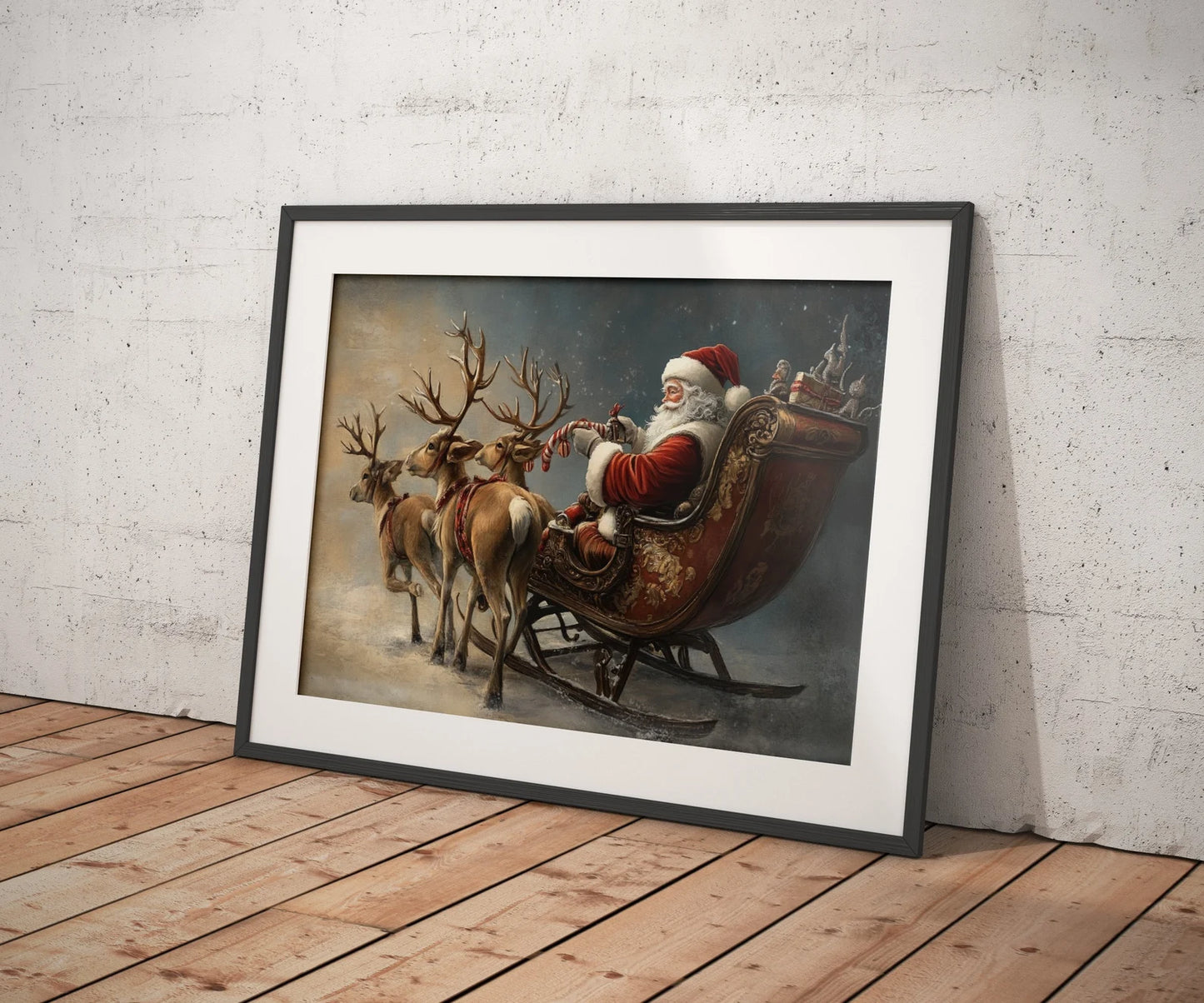 Father Christmas on Sleigh with Reindeers Poster