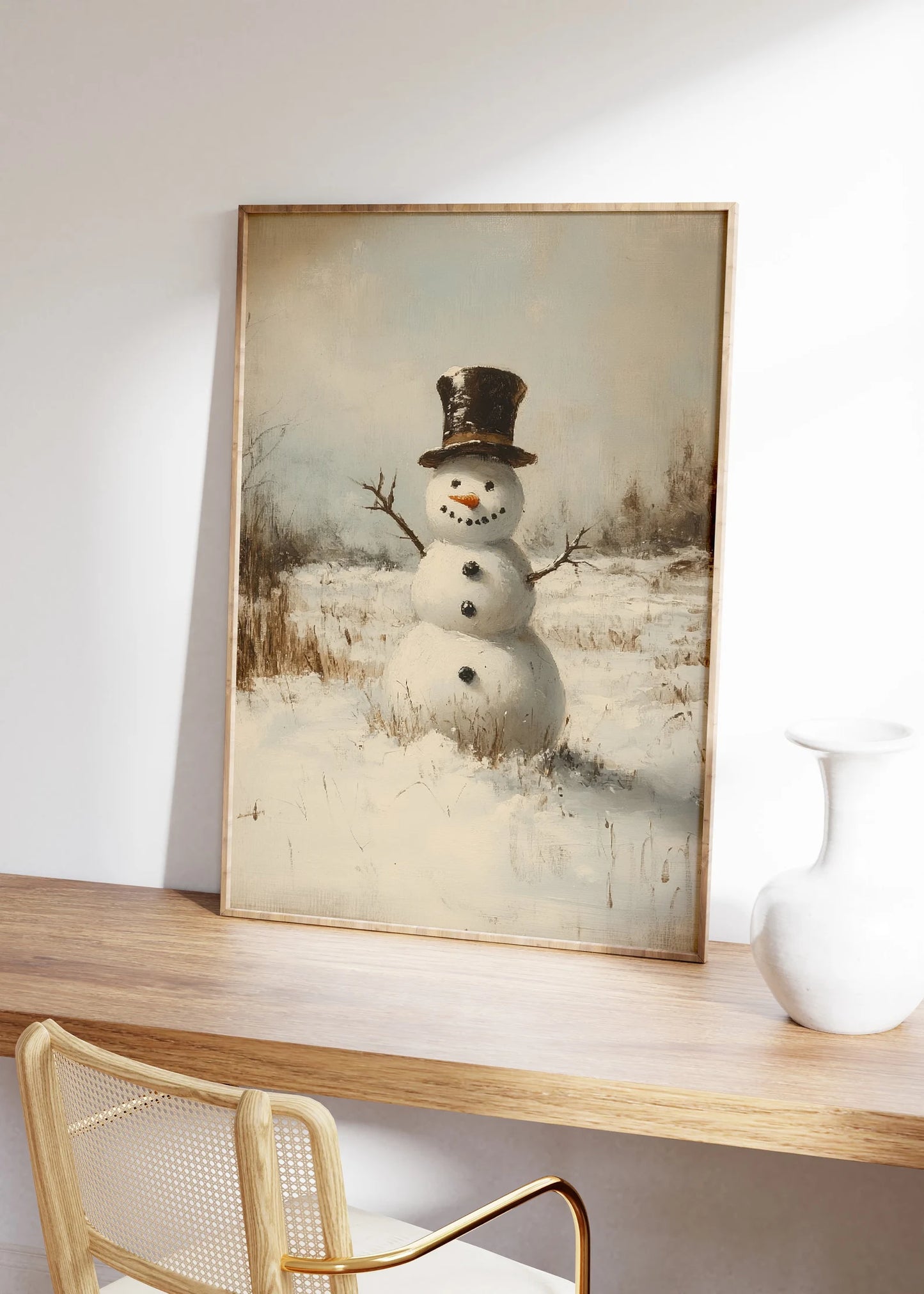 Vintage Snowman in a Snowy Field Painting