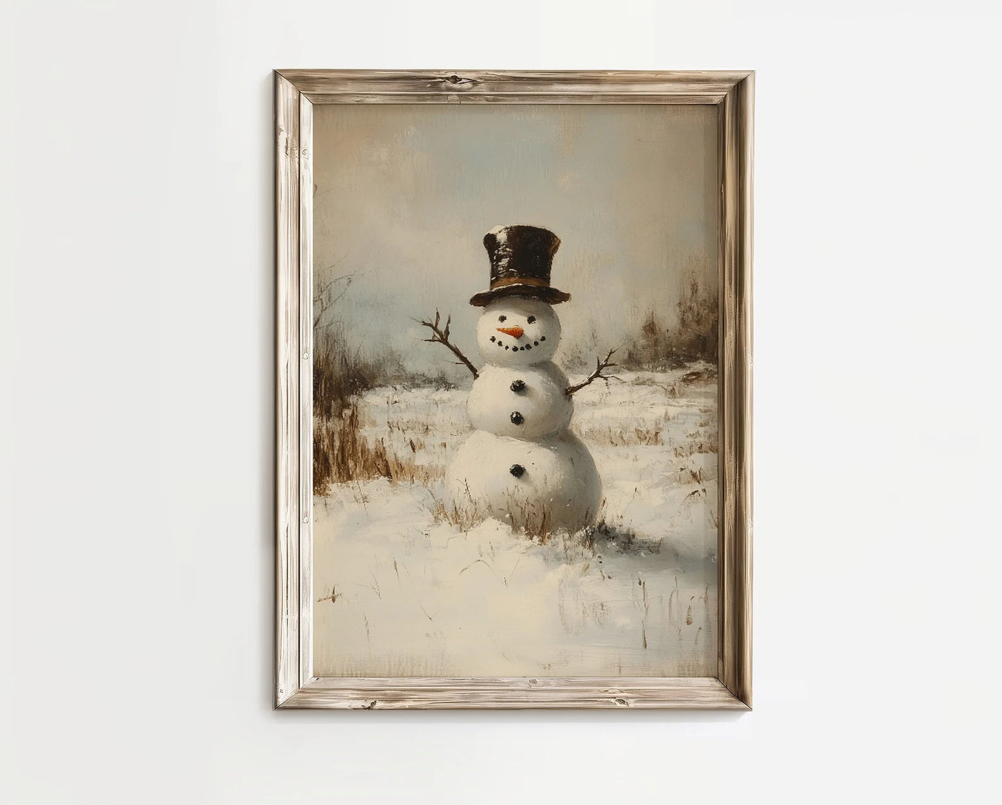 Vintage Snowman in a Snowy Field Painting