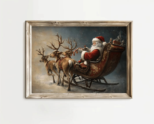 Father Christmas on Sleigh with Reindeers Poster