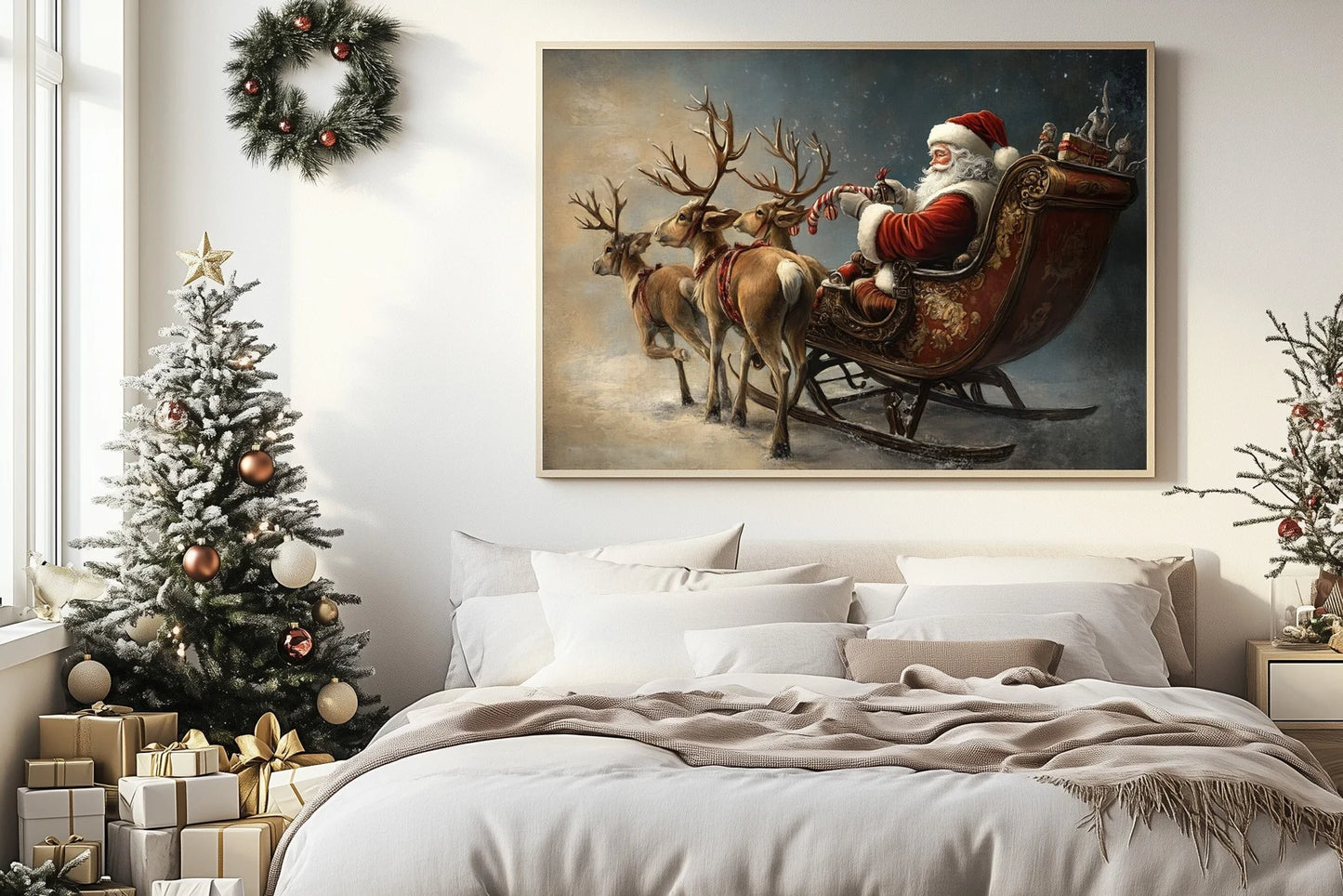 Father Christmas on Sleigh with Reindeers Poster