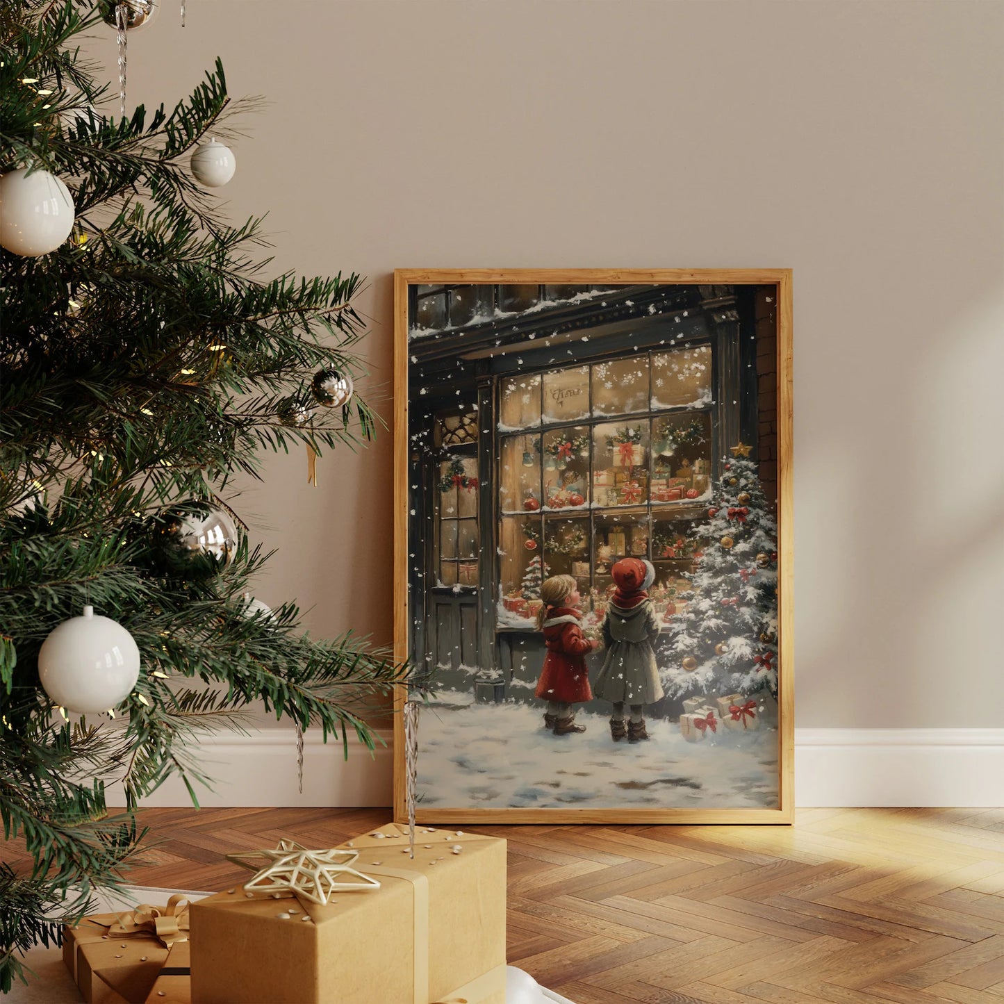 Two Children Look at Christmas Gift Shop Poster