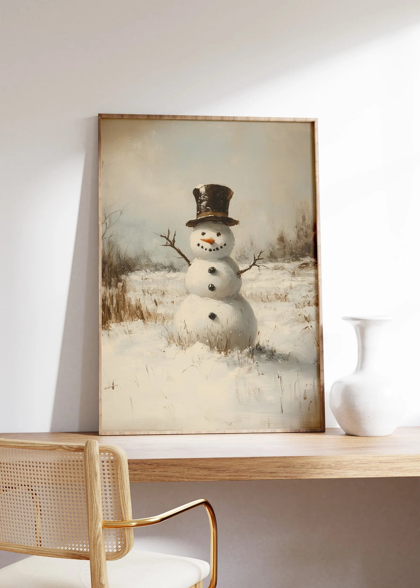 Vintage Snowman in a Snowy Field Painting