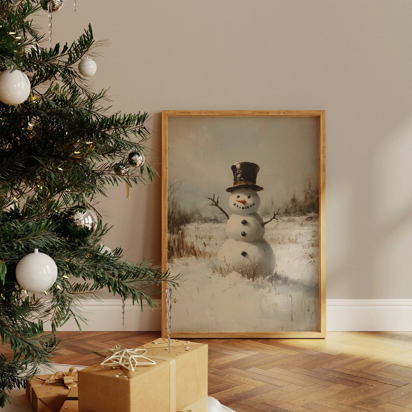 Vintage Snowman in a Snowy Field Painting