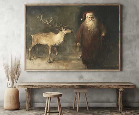 Vintage Santa Claus and Reindeer Oil Painting Print