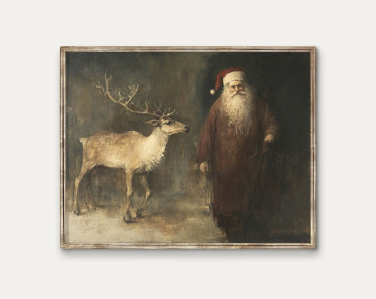 Vintage Santa Claus and Reindeer Print