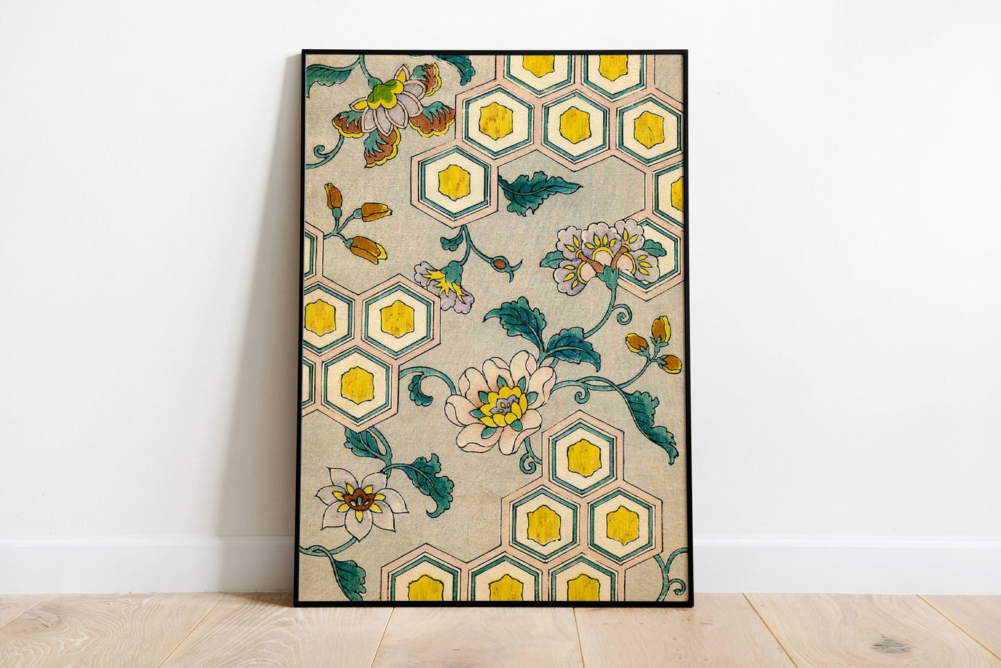 Vintage Japanese illustration of Blossoms on a Honeycomb Background Poster