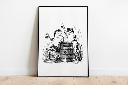 Two Frogs Drinking Lager Beer Vintage Poster