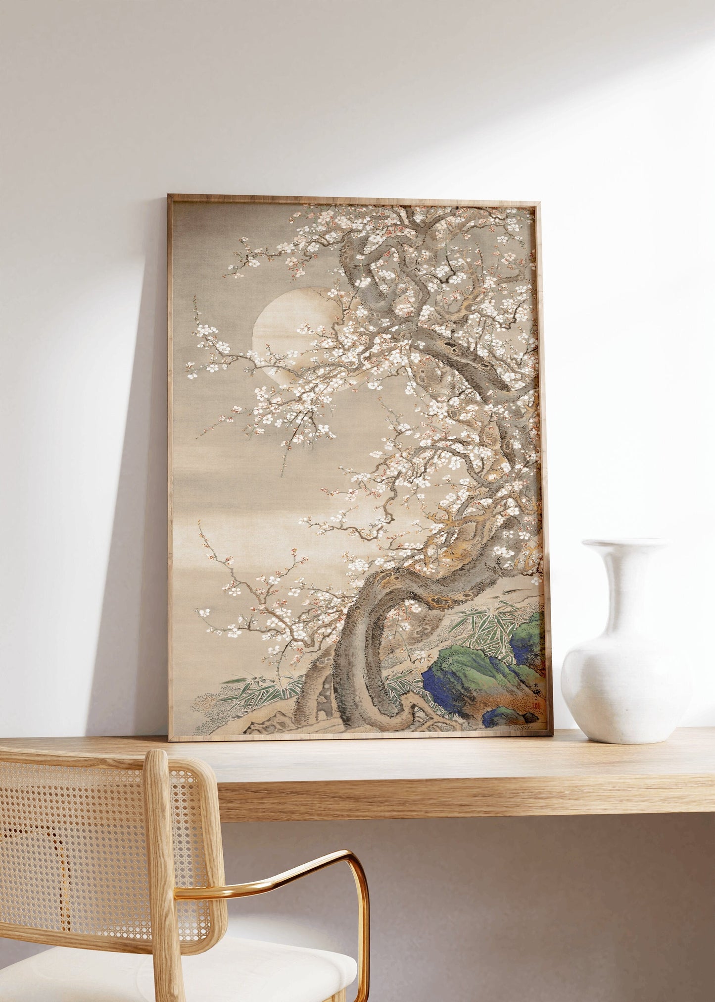 Japanese Plum Blossoms in Moonlight Vintage Poster