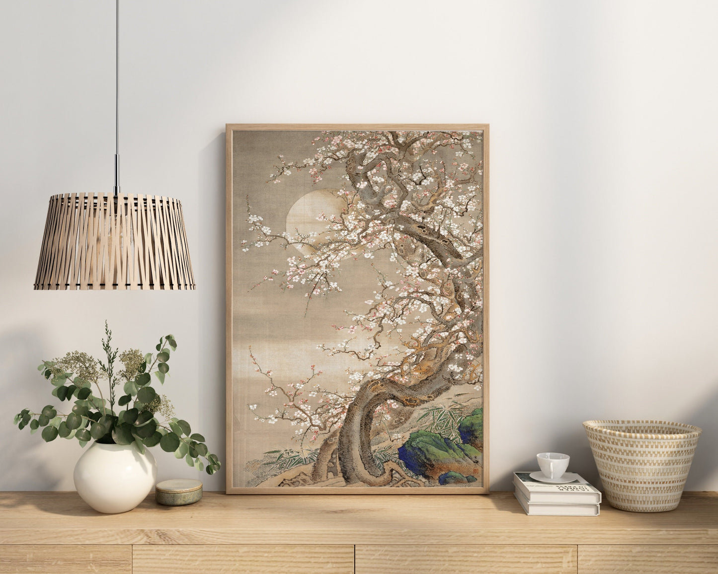 Japanese Plum Blossoms in Moonlight Vintage Poster