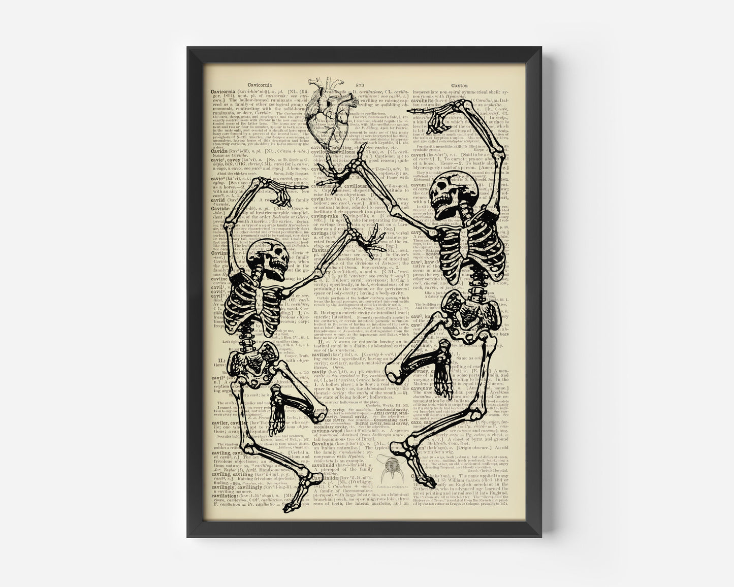 Two Skeletons Dancing Printed On An Antique Old Dictionary Page