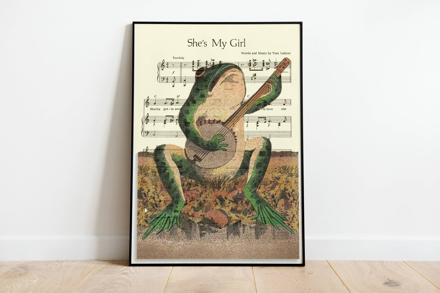 A Frog Playing Banjo in The Moonlight Vintage Poster