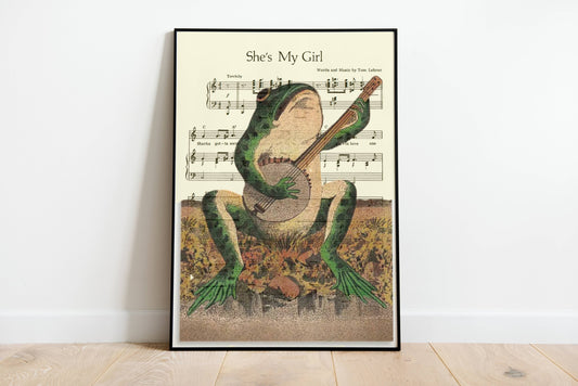 A Frog Playing Banjo in The Moonlight Vintage Poster