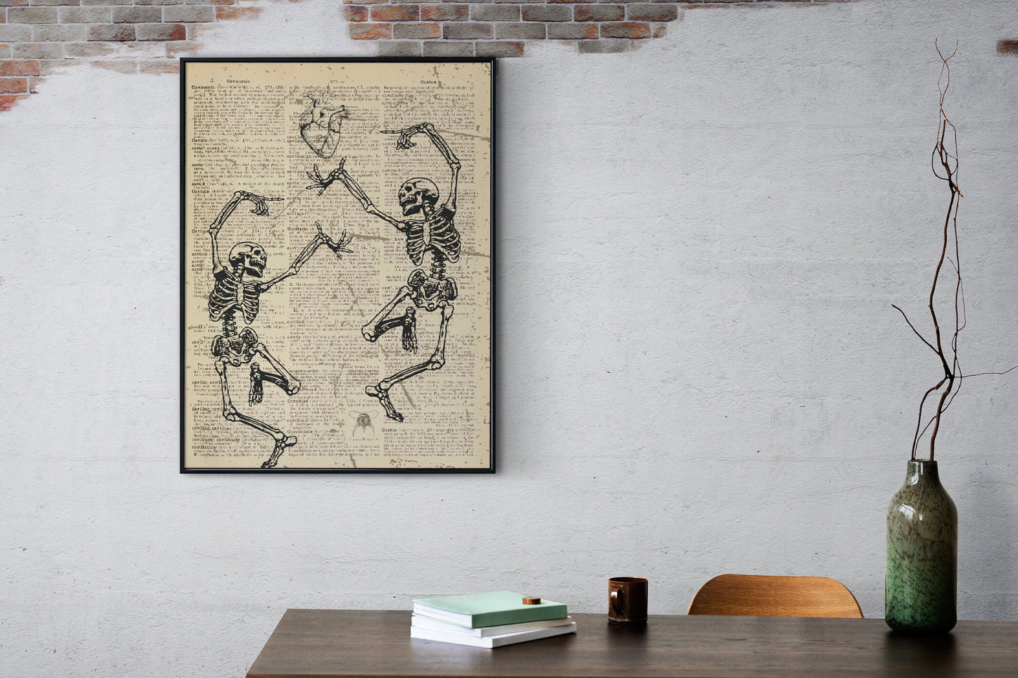 Two Skeletons Dancing Printed On An Antique Old Dictionary Page