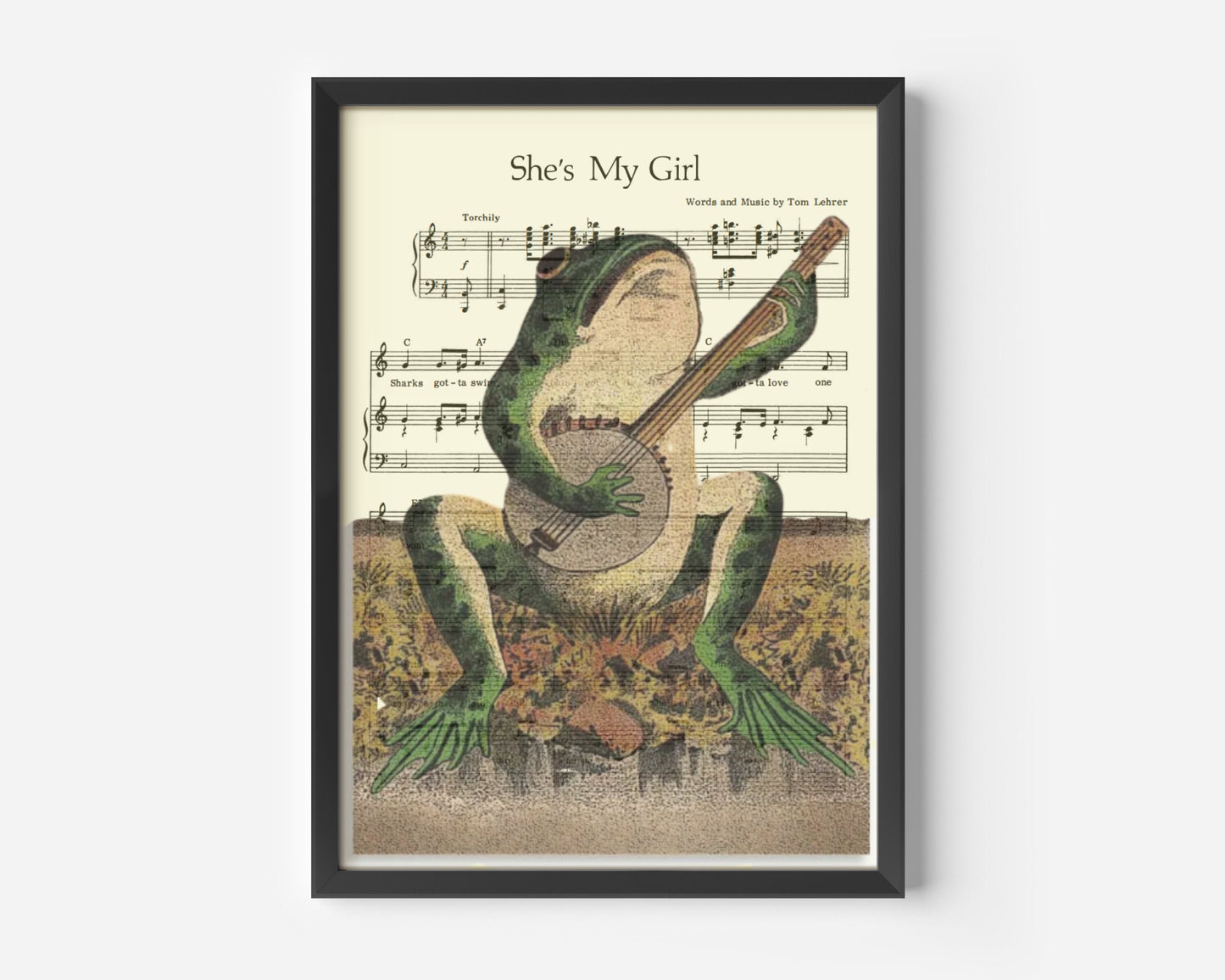 A Frog Playing Banjo in The Moonlight Vintage Poster