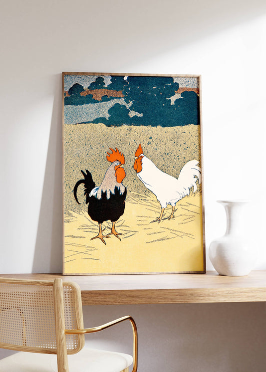 Vintage Two Roosters In The Field  Print