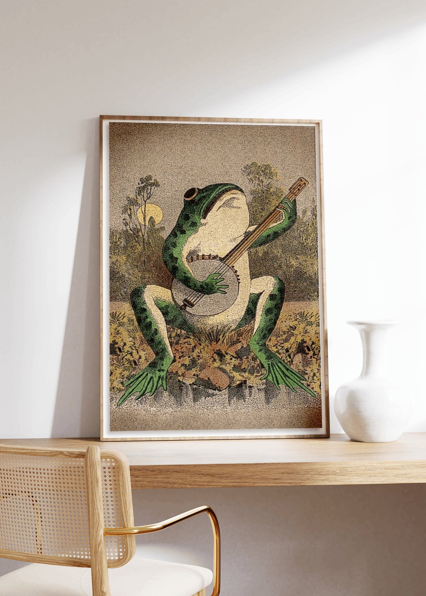 A Frog Playing Banjo in The Moonlight Vintage Poster