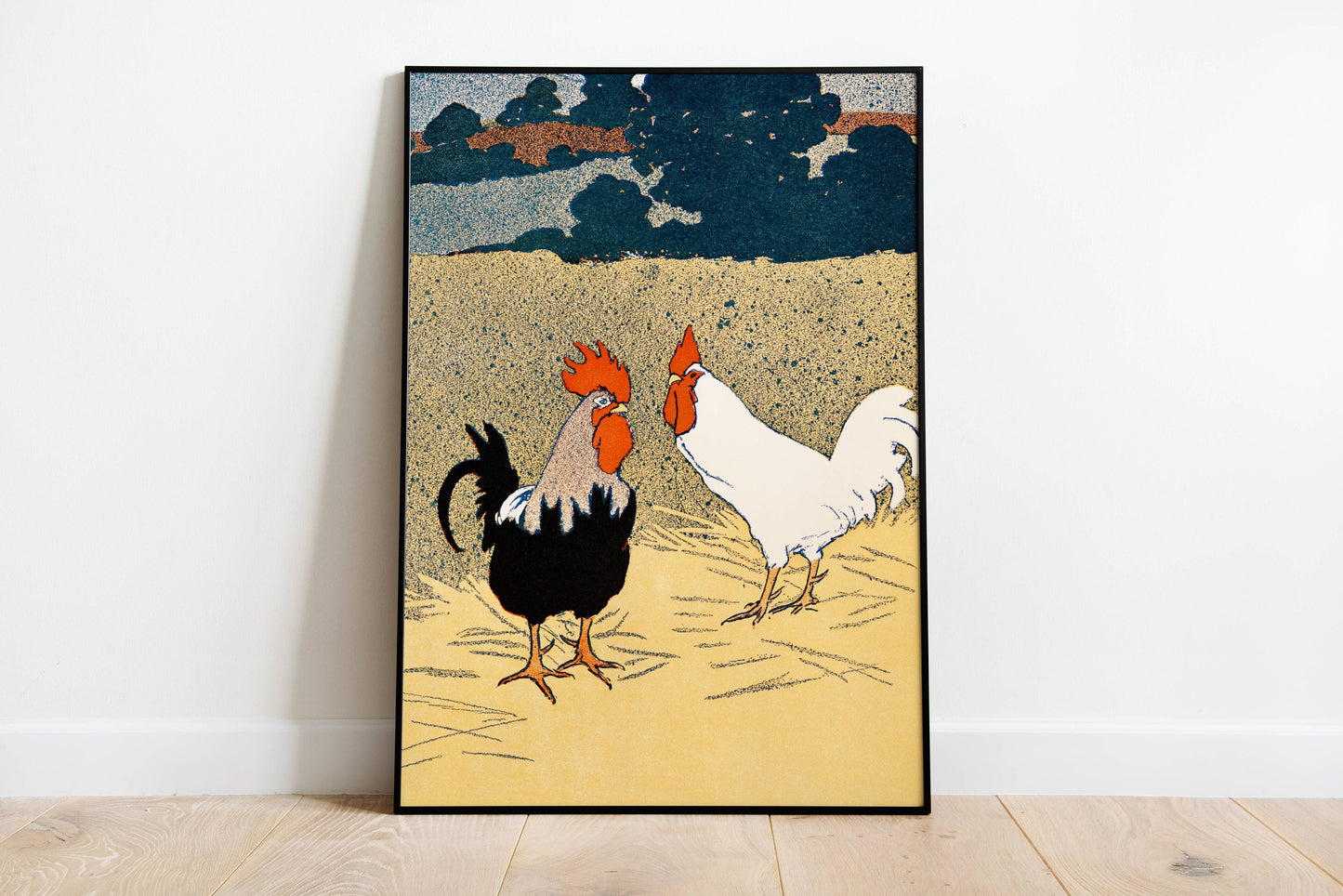 Vintage Two Roosters In The Field  Print