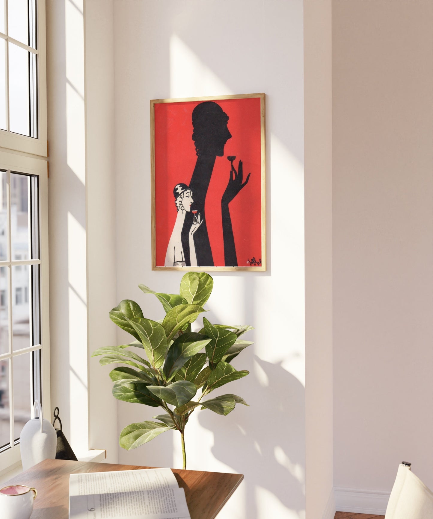 Woman and Shadow Sipping Drink Poster