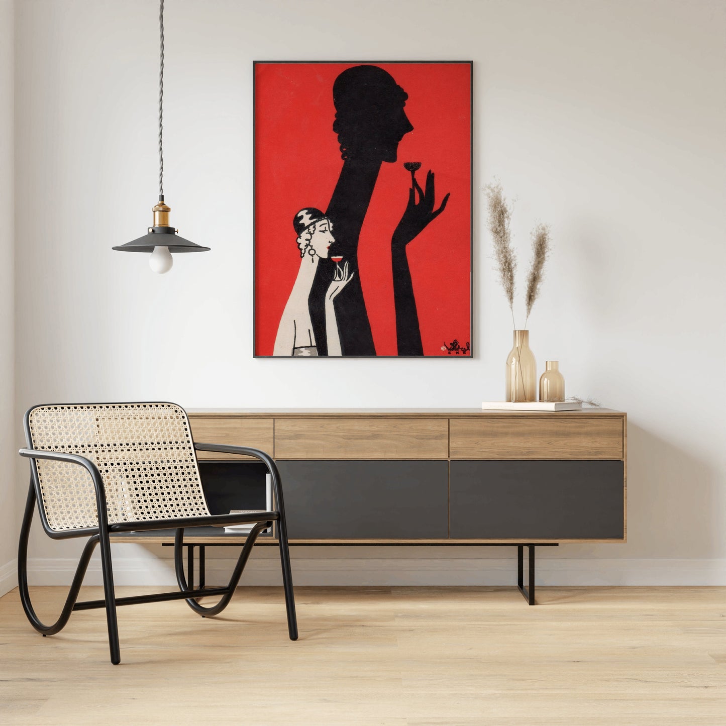 Woman and Shadow Sipping Drink Poster