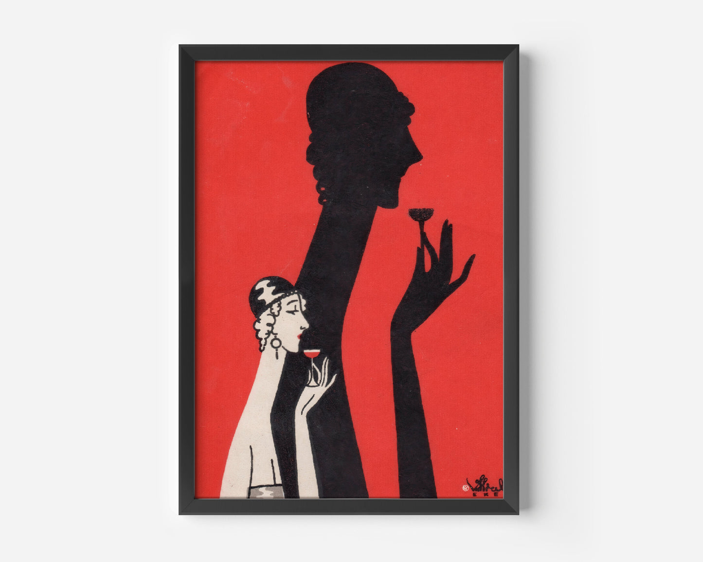 Woman and Shadow Sipping Drink Poster