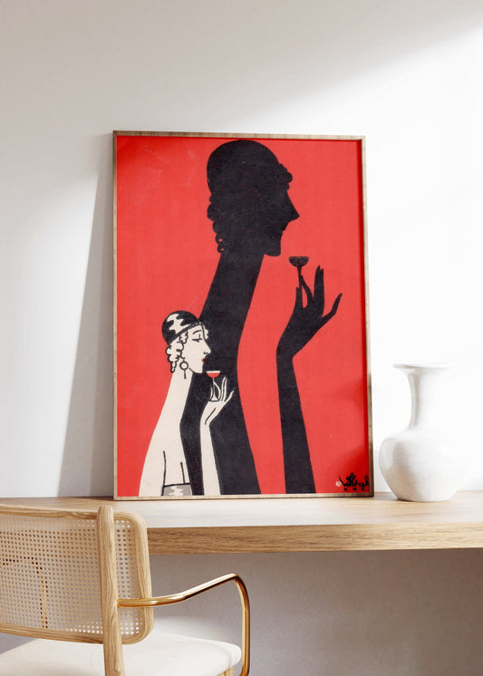 Woman and Shadow Sipping Drink Poster