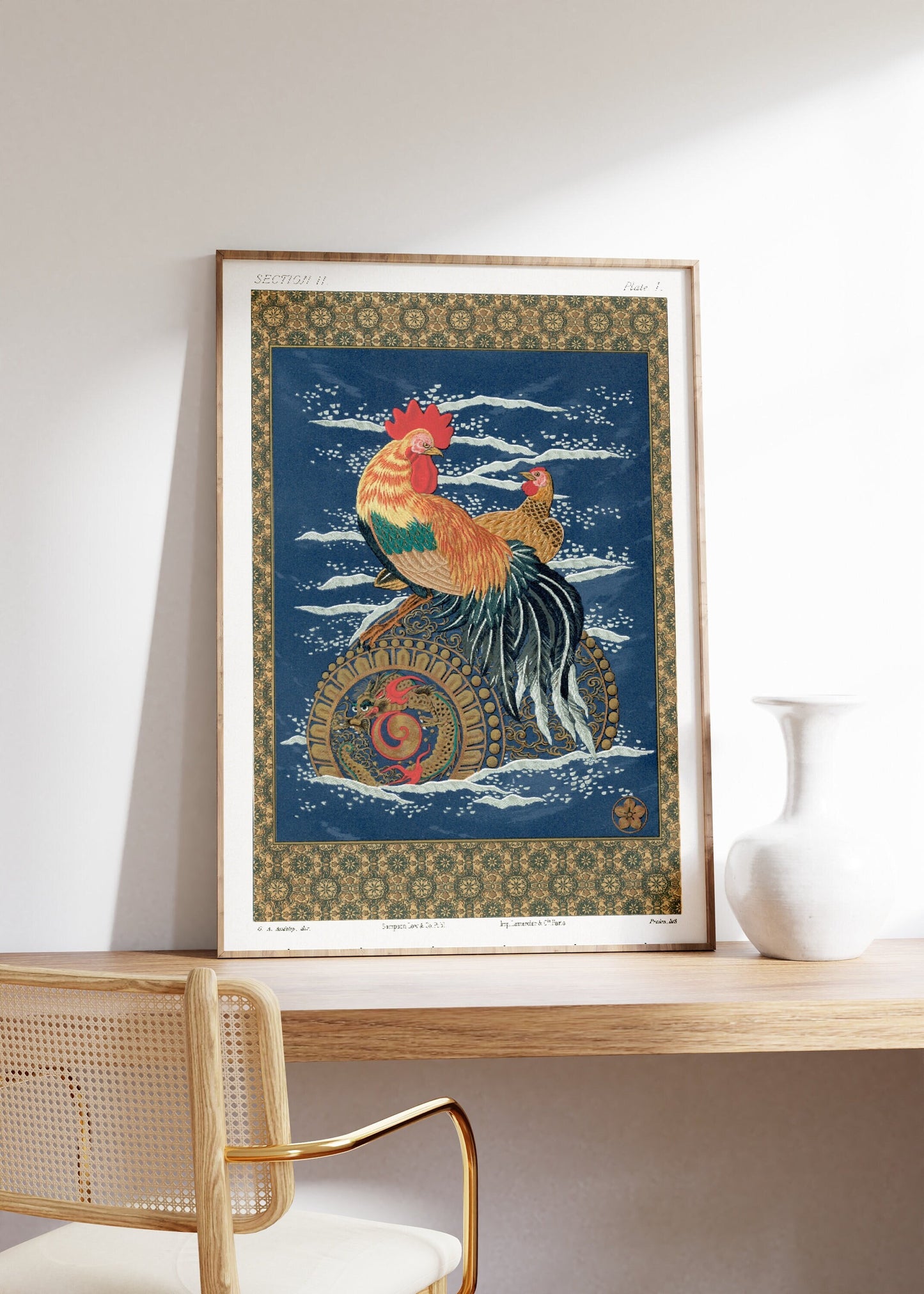 Rooster an Hen Vintage Japanese Poster