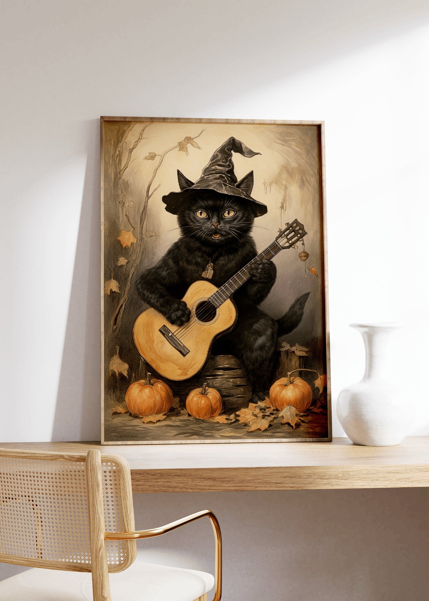 Black Cat Playing Guitar Halloween Poster