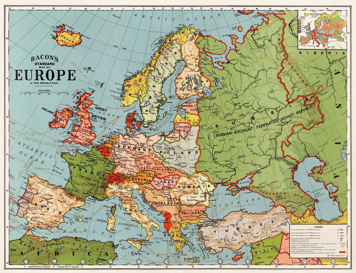 Bacon's Map of Europe (1830–1922) Vintage Europe Map