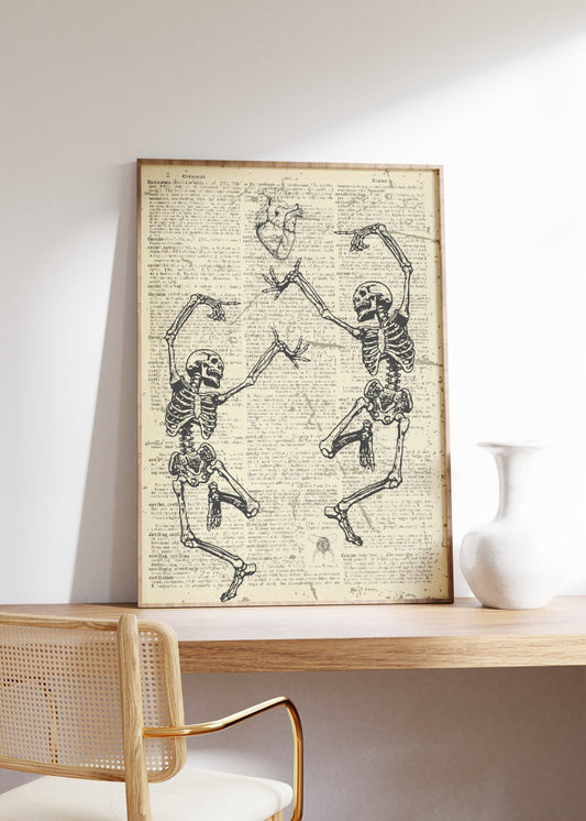 Two Skeletons Dancing Printed On An Antique Old Dictionary Page