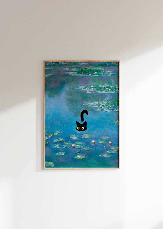 Claude Monet Funny Cat in Waterlilies Poster