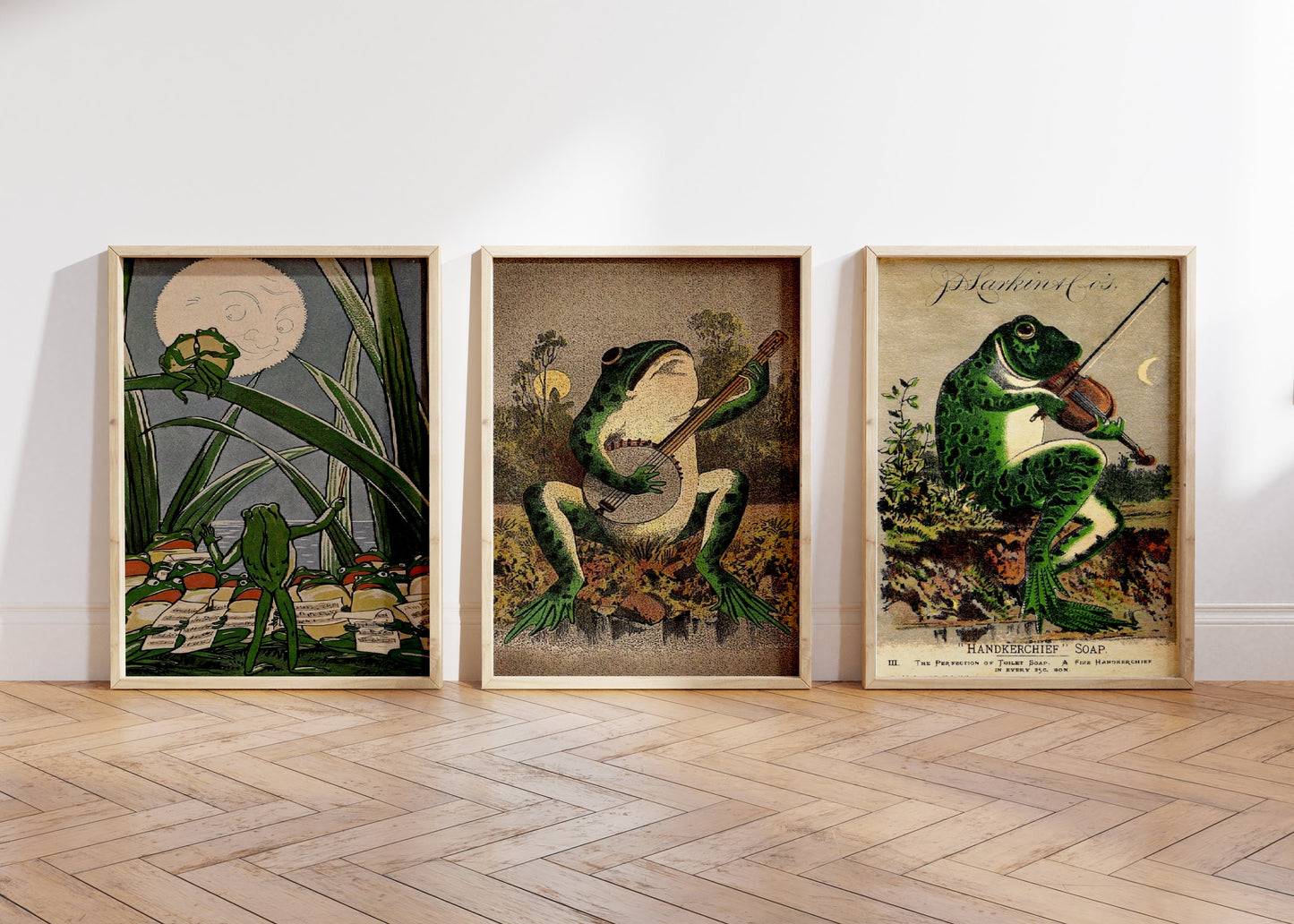 Set Of 3 Vintage Frog Prints, Frog Playing Banjo, Frog Chorus