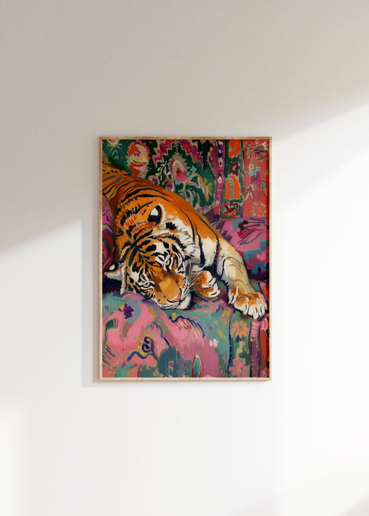 Tiger Print, Colourful Tiger Painting, Vintage Floral Tiger Wall Art