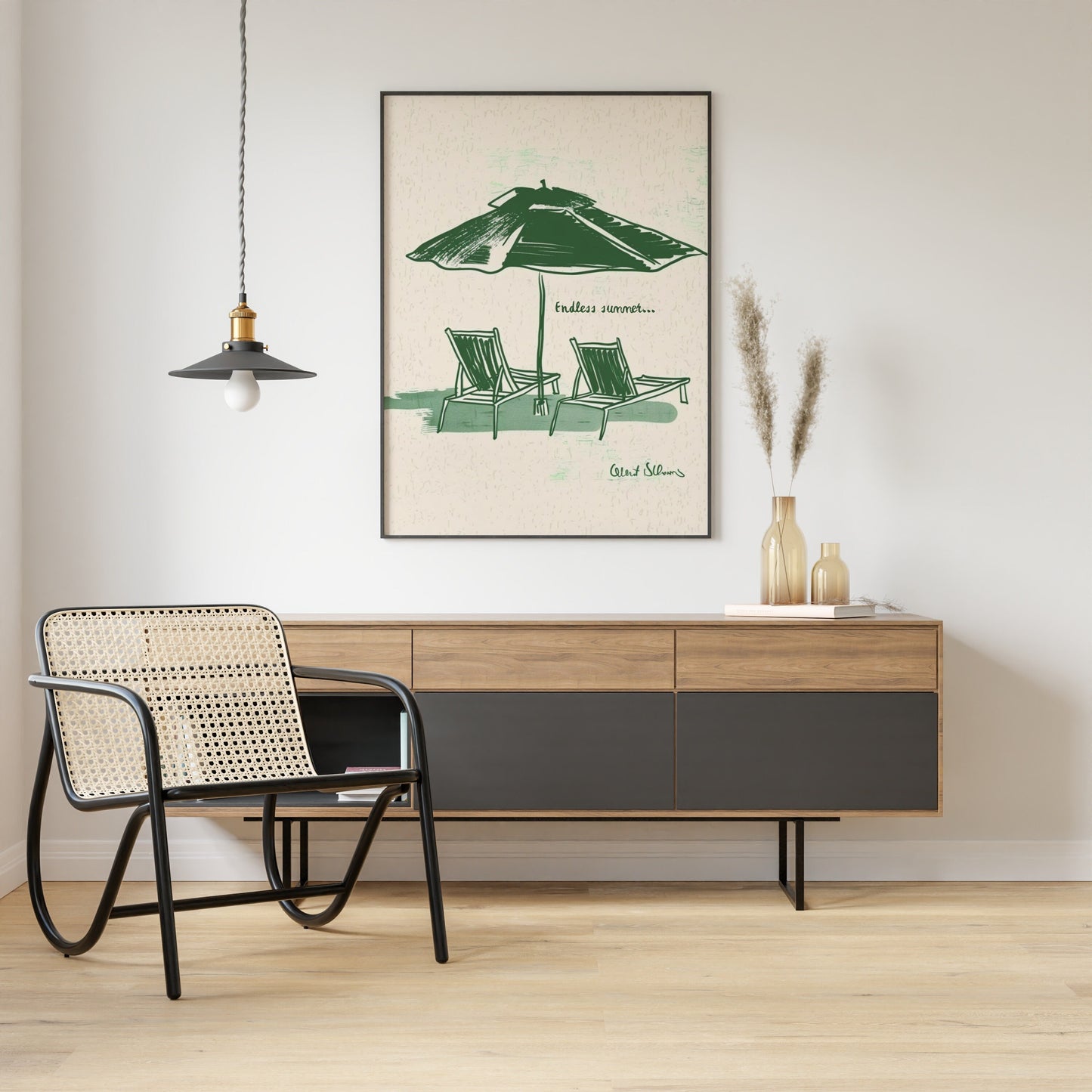 Retro Endless Summer Poster, Sun beds and Umbrella Print