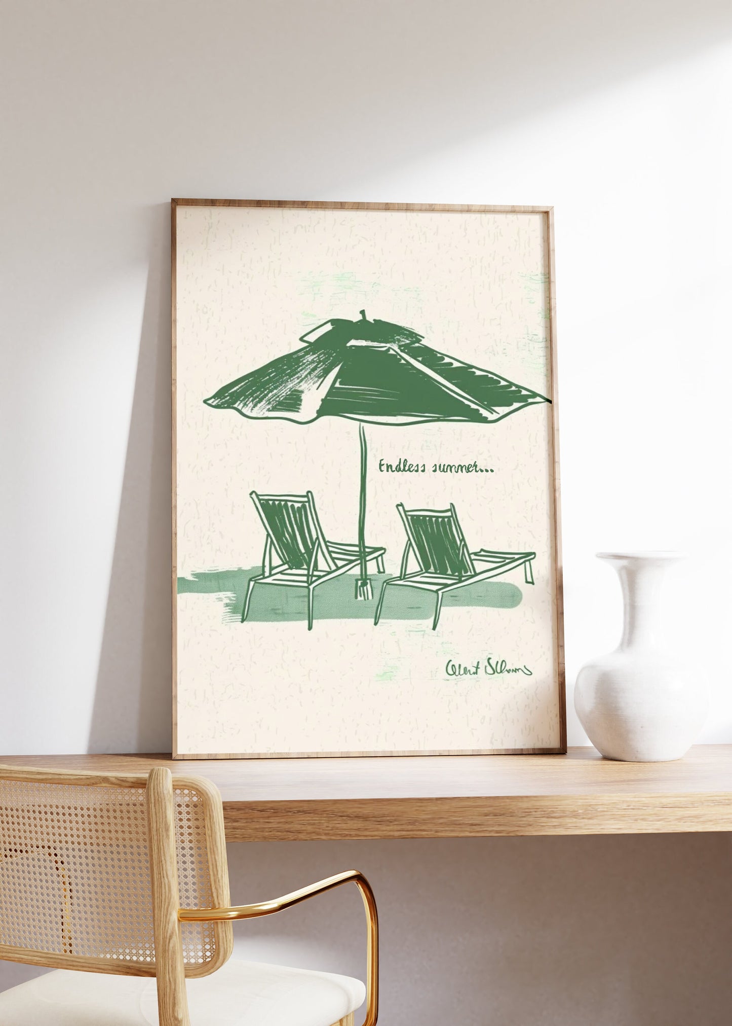 Retro Endless Summer Poster, Sun beds and Umbrella Print